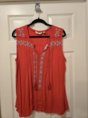 Sleeveless Embroidered V-Neck Boho Top in Coral